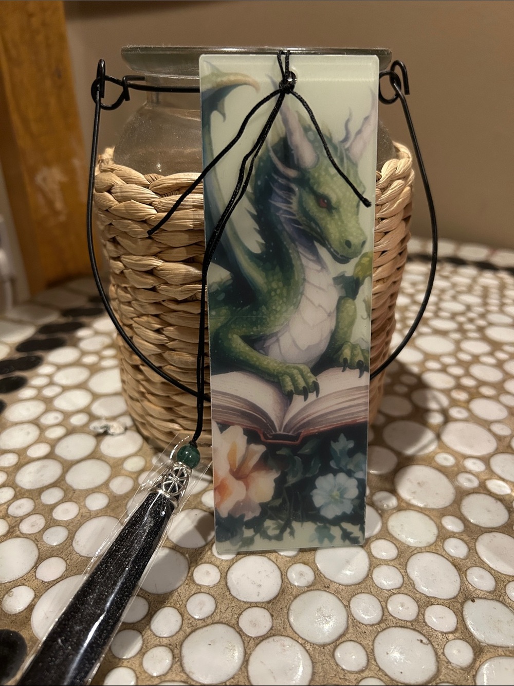 Green Dragon Acrylic Bookmark with Floral Art - Picture 2 of 2